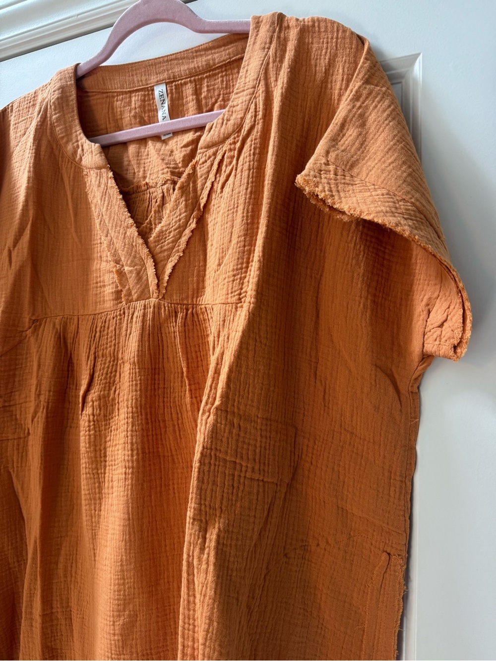 Zenana Apricot Cotton Gauze Raw Edge V-Neck Tunic Top Pockets Boho Oversized XL - Picture 3 of 4